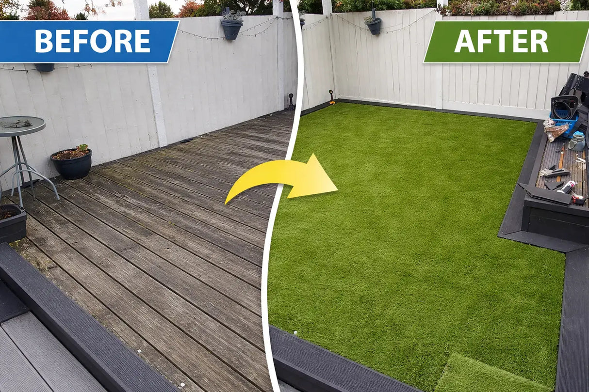 Before and after comparison of a backyard transformation from wooden deck to grassy area.