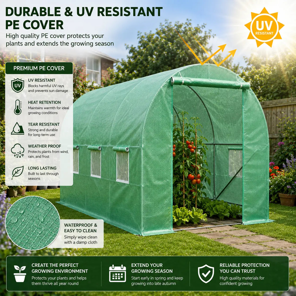 Green Polytunnel with UV-resistant PE cover in a garden setting