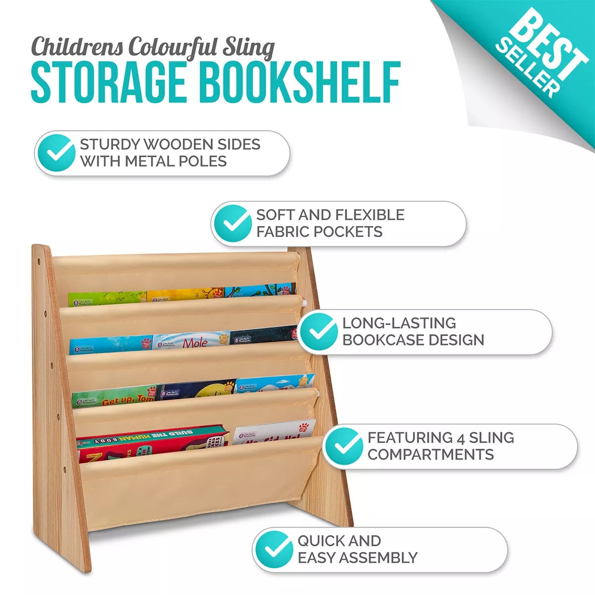 Wooden Sling Bookshelf for Kids