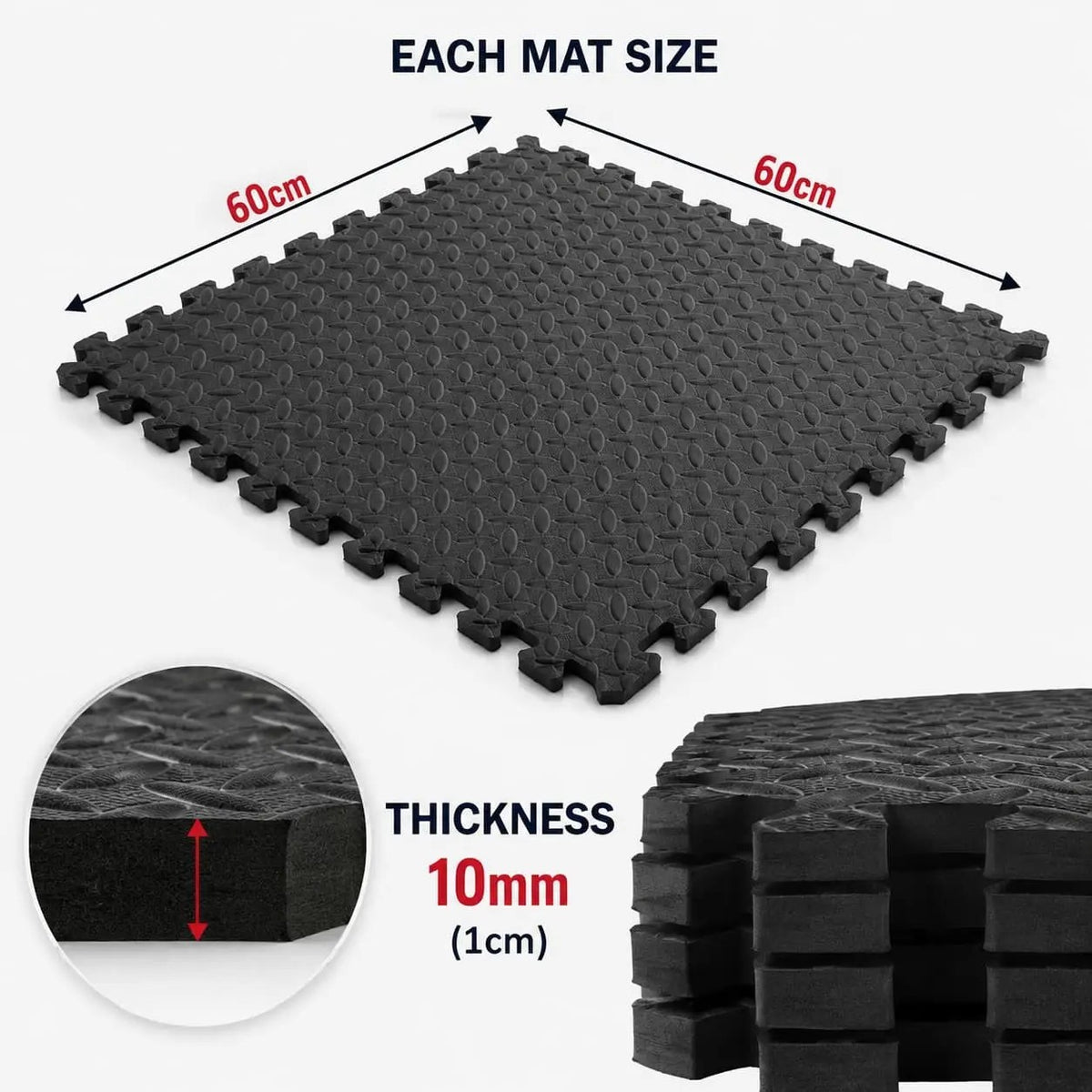 Black interlocking foam floor mats shown on a light gray background, with dimension arrows indicating 60 cm by 60 cm size and a circular inset showing 10 mm thickness. Text reads 'EACH MAT SIZE' and 'THICKNESS 10mm (1cm)'.