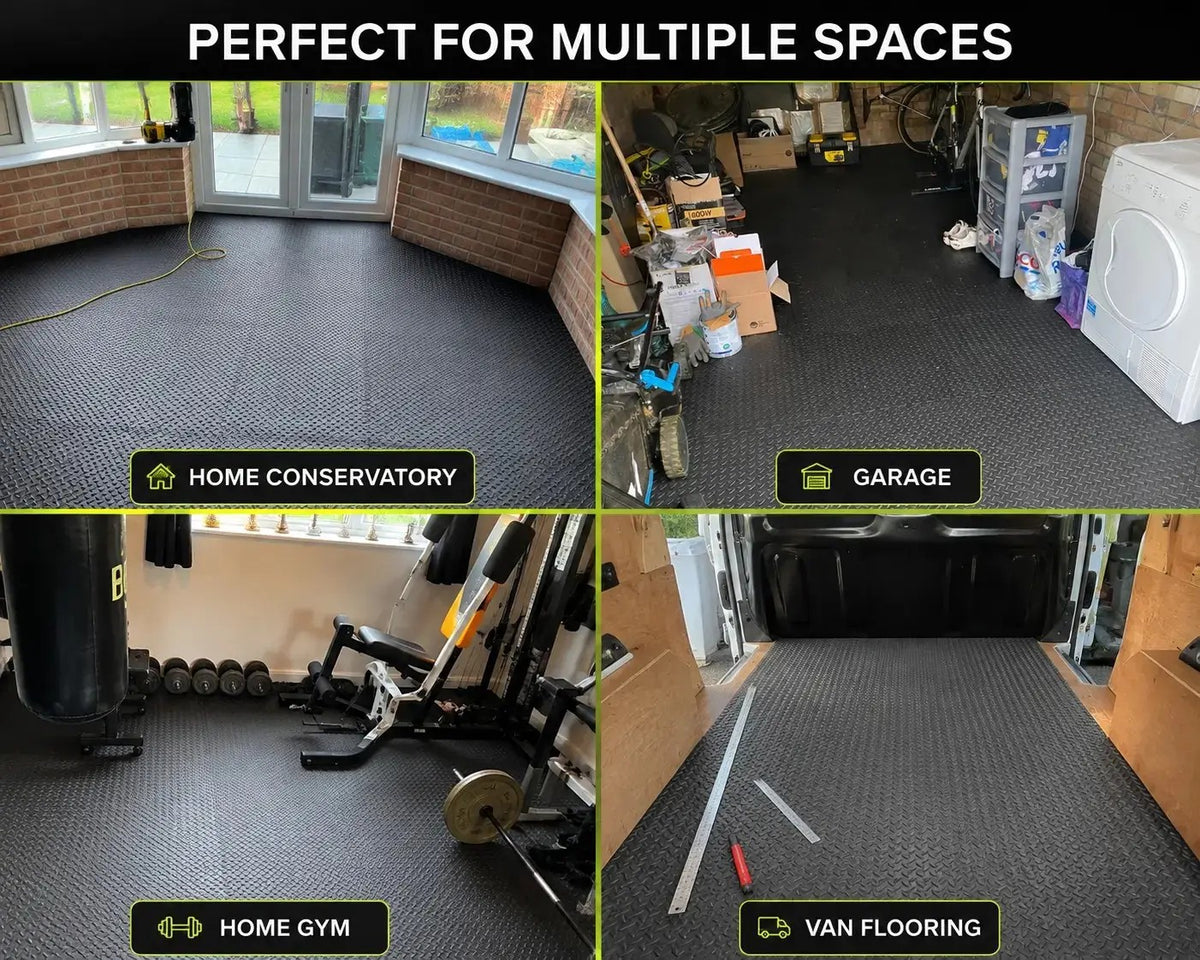 A four-panel collage showing dark gray textured floor mats installed in different indoor spaces: a home conservatory, a garage, a home gym, and a van flooring setup. The top of the image has the text 'PERFECT FOR MULTIPLE SPACES'.
