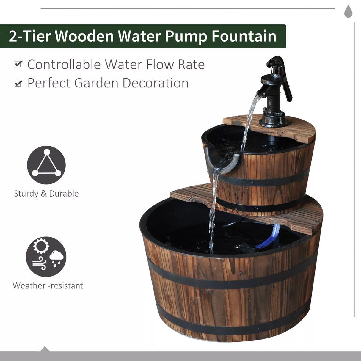 Outdoor Wooden Water Pump Fountain with 2 Tier Cascading Feature for Garden Décor