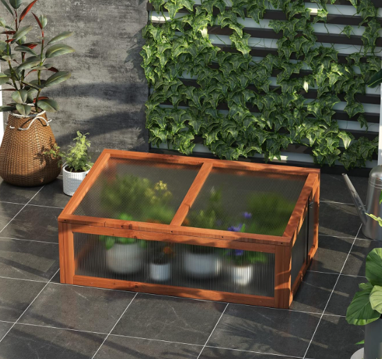 Wooden Cold Frame, Small Polycarbonate Greenhouse with Openable & Tilted Top Cover, 100 x 65 x 40cm