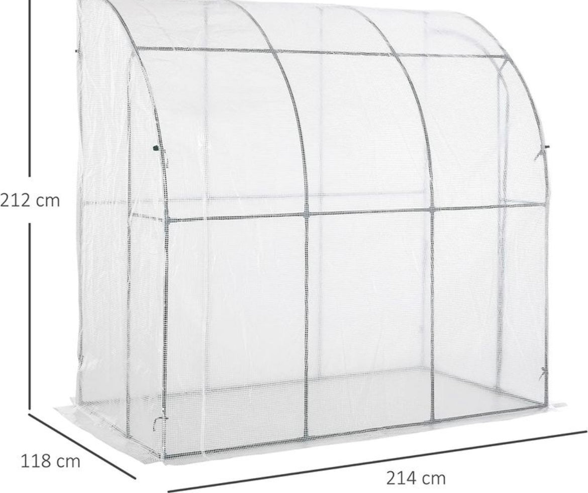Outdoor Walk-In Lean to Wall Greenhouse with Zippered Roll Up Door and PE Cover
