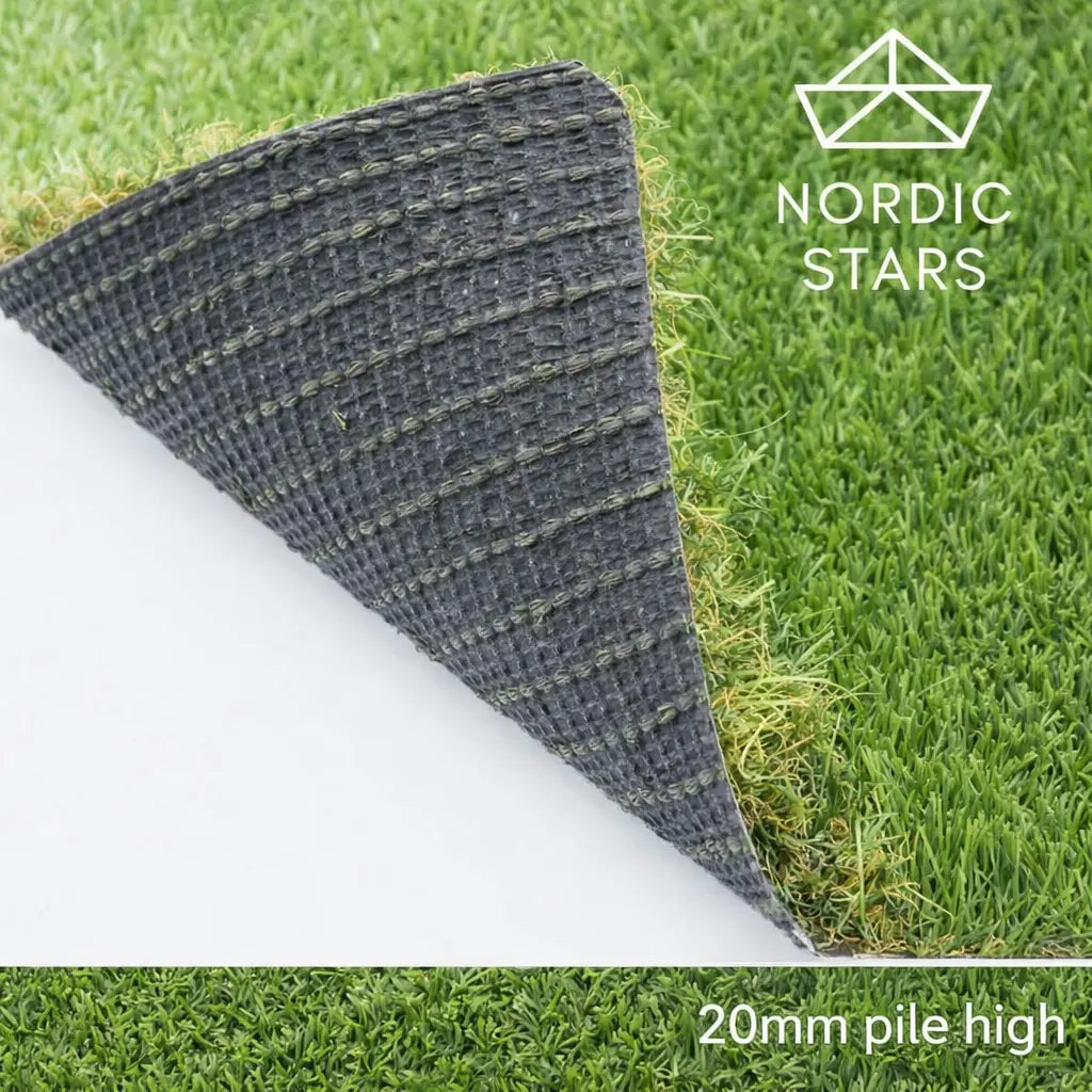 Artificial grass with a textured border and 'Nordic Stars' branding, showing 20mm pile height.