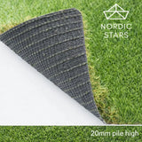 Artificial grass with a textured border and 'Nordic Stars' branding, showing 20mm pile height.