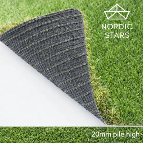 Artificial grass with a textured border and 'Nordic Stars' branding, showing 20mm pile height.
