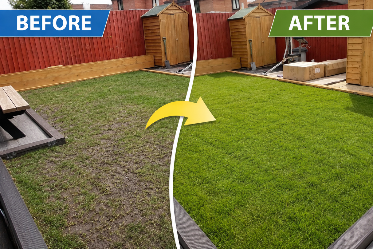 Before and after comparison of a garden with new grass