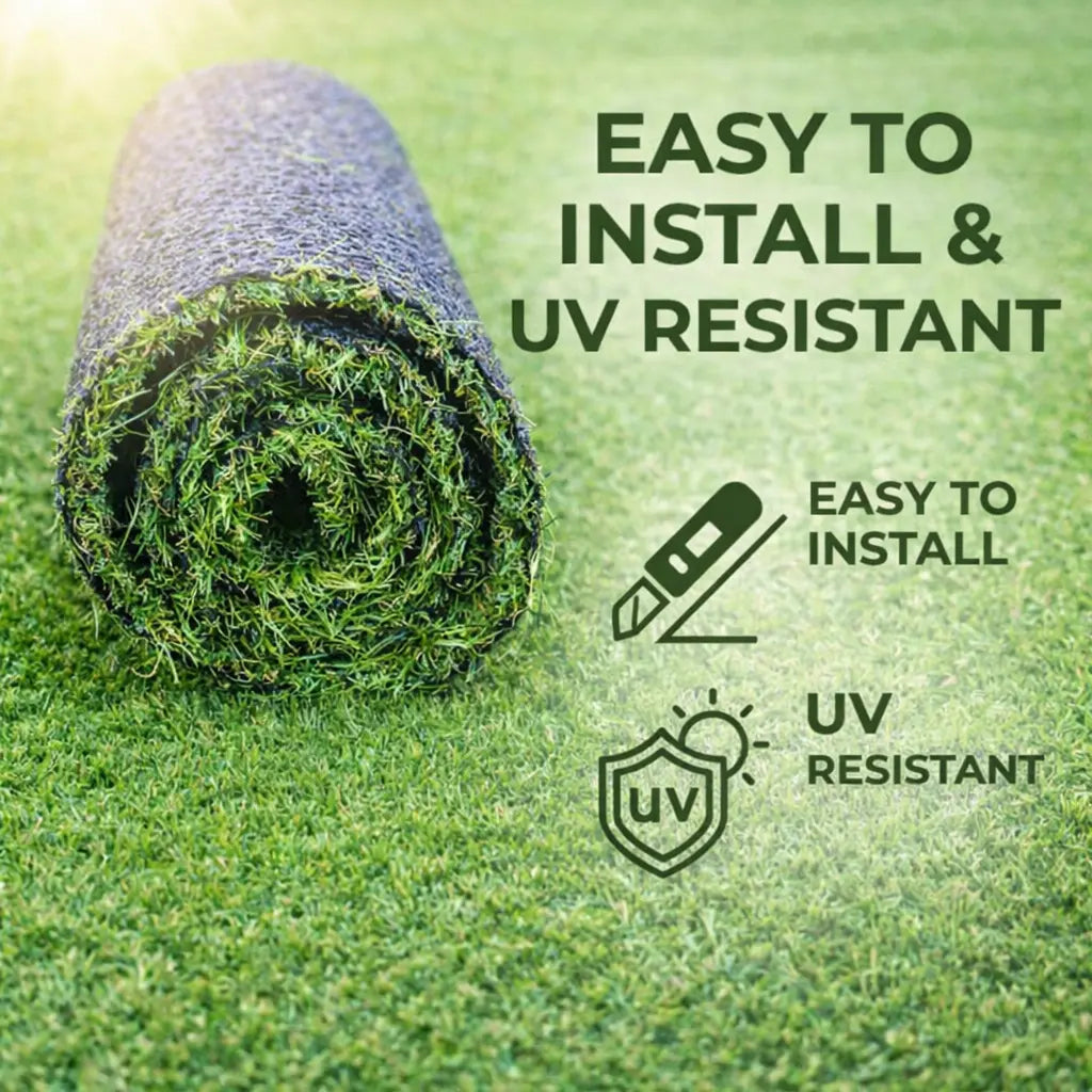 Roll of artificial grass with text 'Easy to Install & UV Resistant' on a green background