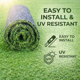 Roll of artificial grass with text 'Easy to Install & UV Resistant' on a green background