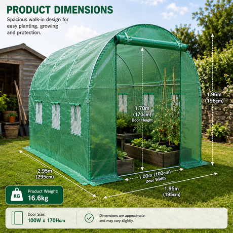 Green greenhouse with dimensions labeled in a garden setting