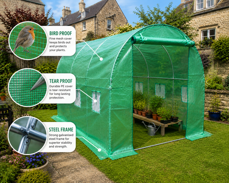 3x2m walk-in polytunnel greenhouse with bird-proof mesh, tear-resistant PE cover and steel frame