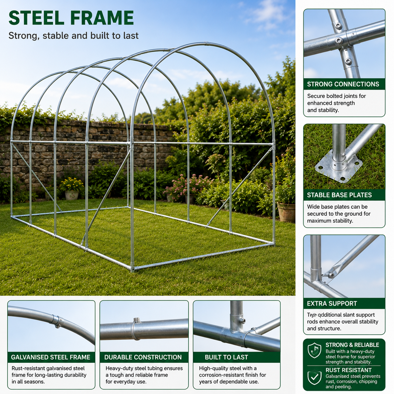 Strong steel greenhouse frame with reinforced support rods