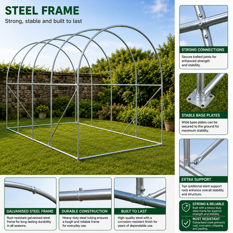 Strong steel greenhouse frame with reinforced support rods