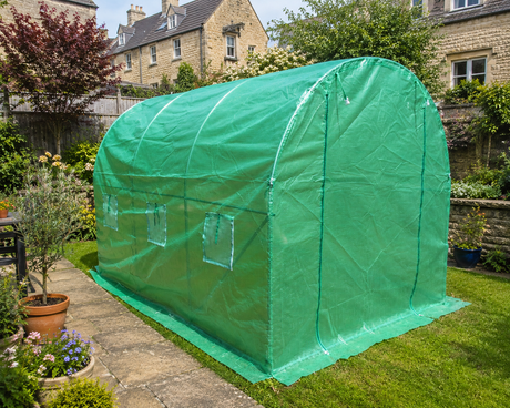 Green garden greenhouse in a backyard setting with houses and plants in the background.