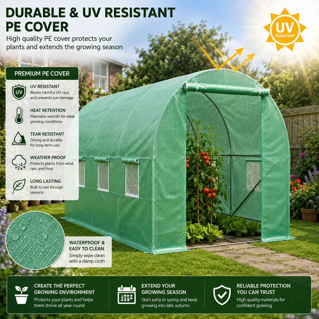 Green Polytunnel with UV-resistant PE cover in a garden setting