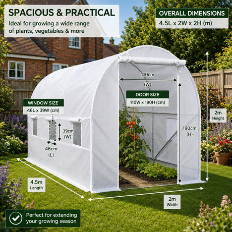 White greenhouse with dimensions and features displayed, set in a garden.