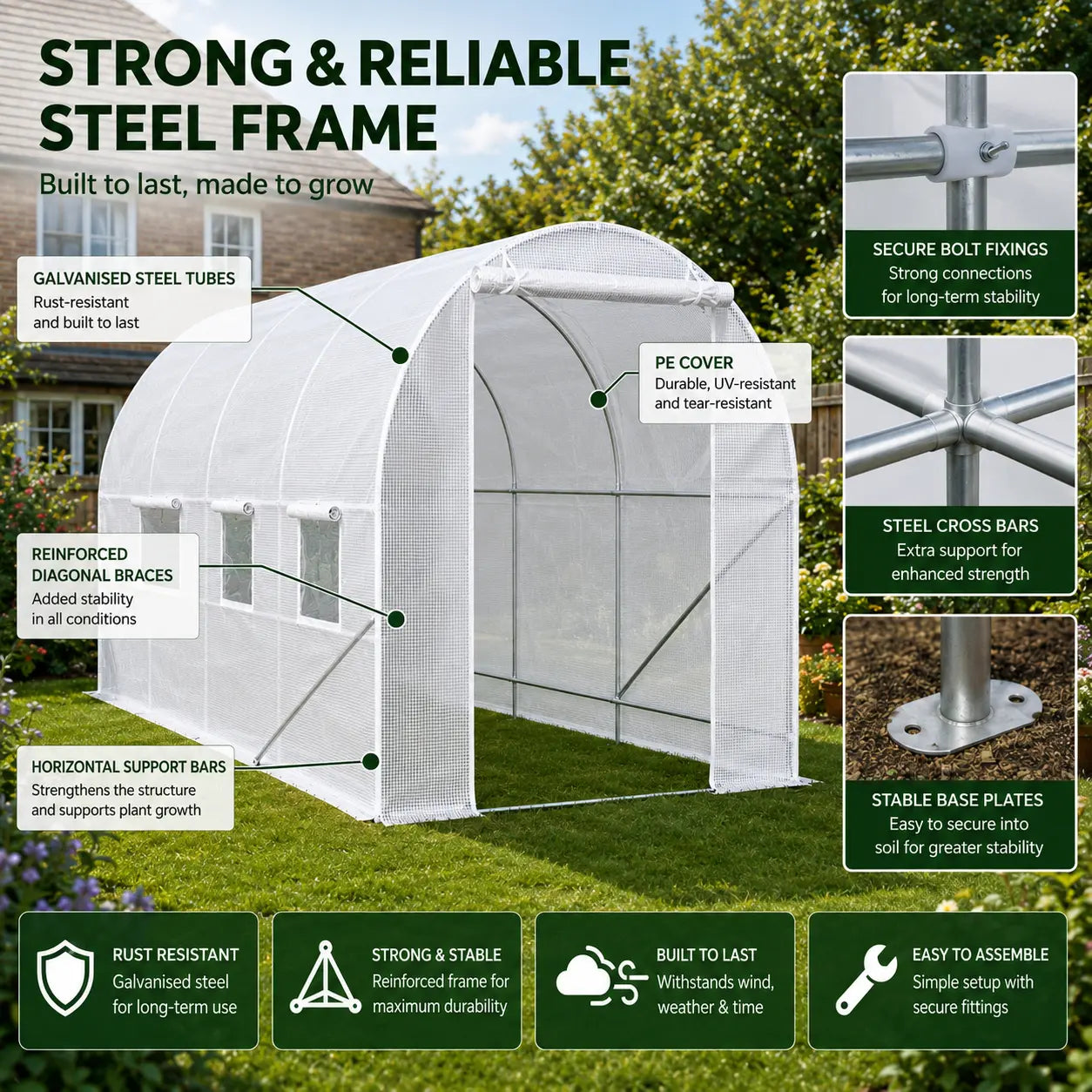 Polytunnel with text highlighting its strong and reliable steel frame, featuring images of the structure and its components.