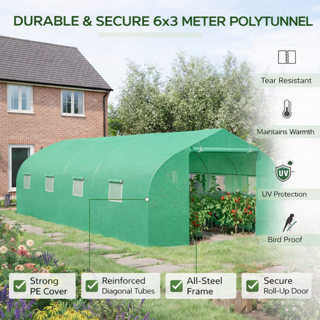 Green polytunnel with features listed on a clear background