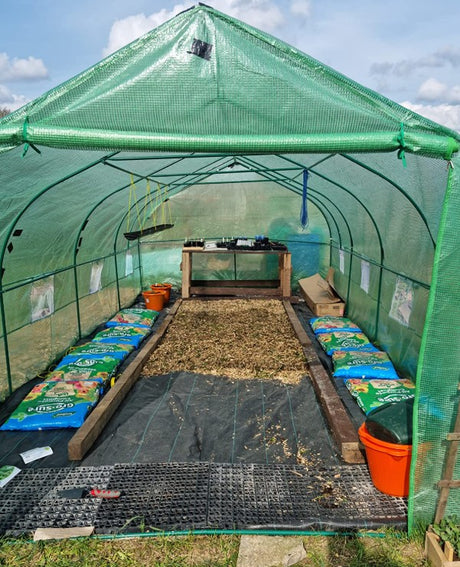 Green greenhouse with tables and pots inside, on a sunny day.