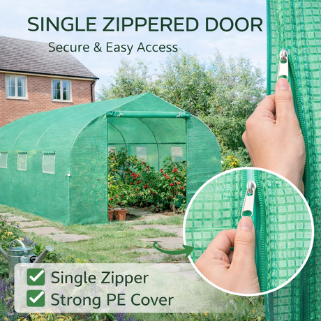 Green greenhouse with a hand opening a zipper door, labeled 'Single Zippered Door' and 'Strong PE Cover'.