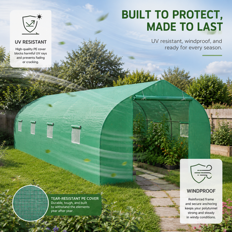 Green greenhouse in a garden with text highlighting its features.