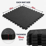 Black interlocking foam floor mats shown on a light gray background, with dimension arrows indicating 60 cm by 60 cm size and a circular inset showing 10 mm thickness. Text reads 'EACH MAT SIZE' and 'THICKNESS 10mm (1cm)'.