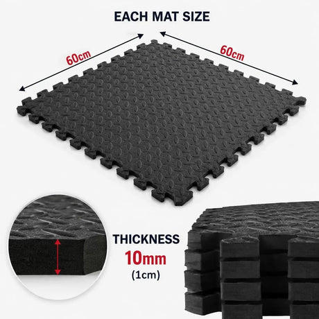 Black interlocking foam floor mats shown on a light gray background, with dimension arrows indicating 60 cm by 60 cm size and a circular inset showing 10 mm thickness. Text reads 'EACH MAT SIZE' and 'THICKNESS 10mm (1cm)'.