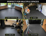 A four-panel collage showing dark gray textured floor mats installed in different indoor spaces: a home conservatory, a garage, a home gym, and a van flooring setup. The top of the image has the text 'PERFECT FOR MULTIPLE SPACES'.