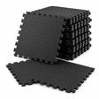 A stack of black interlocking foam floor mats with a textured diamond pattern, shown on a clean white background.