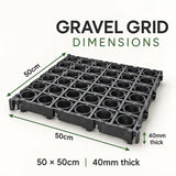 Black plastic gravel grid with 25 circular wells, labeled with dimensions 50cm by 50cm and 40mm thick on a light background.