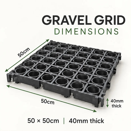 Black plastic gravel grid with 25 circular wells, labeled with dimensions 50cm by 50cm and 40mm thick on a light background.