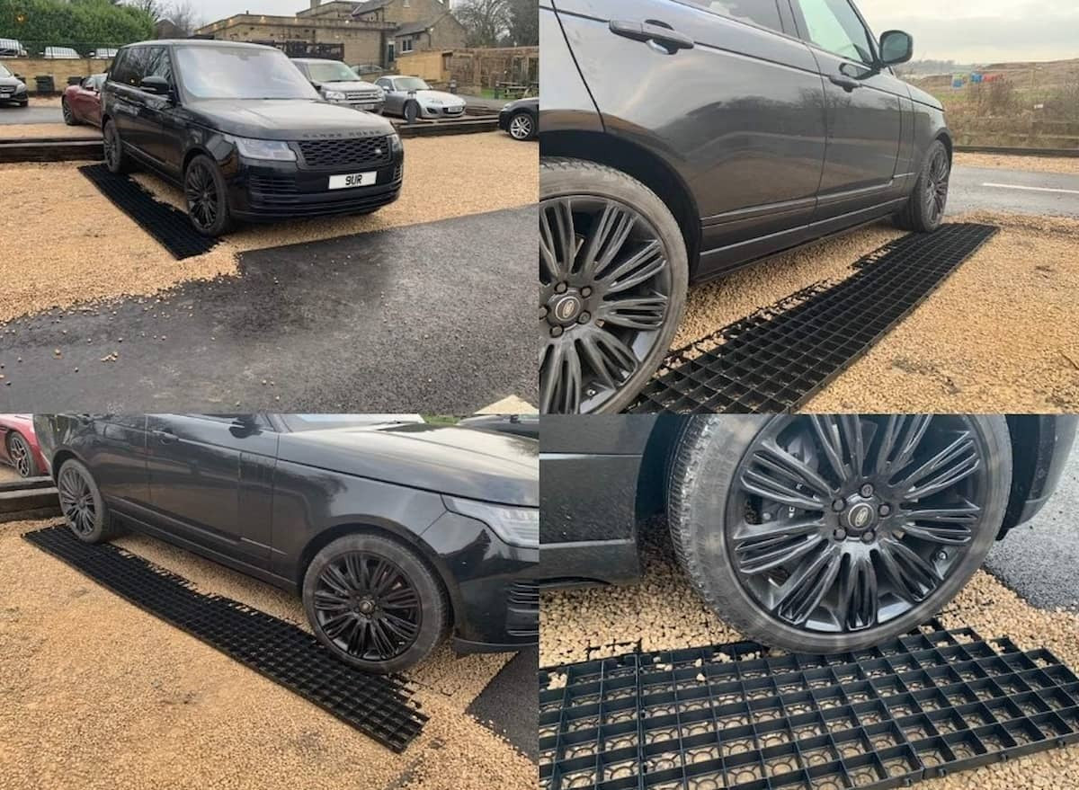 A four-panel collage showing a dark gray SUV parked outdoors on black plastic grid mats over gravel and asphalt, with close-up views of the vehicle and the grids