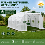 Walk-in polytunnel greenhouse infographic showing dimensions: 440cm long, 300cm wide, 170cm tall, with UV resistant PE cover, galvanised steel frame and ventilation windows