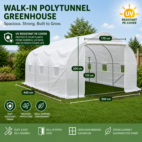 Walk-in polytunnel greenhouse infographic showing dimensions: 440cm long, 300cm wide, 170cm tall, with UV resistant PE cover, galvanised steel frame and ventilation windows