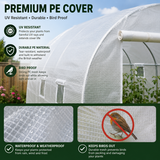 Polytunnel PE cover infographic showing UV resistant, durable, bird proof and waterproof mesh that keeps birds out while allowing light and air in
