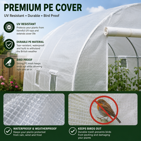 Polytunnel PE cover infographic showing UV resistant, durable, bird proof and waterproof mesh that keeps birds out while allowing light and air in
