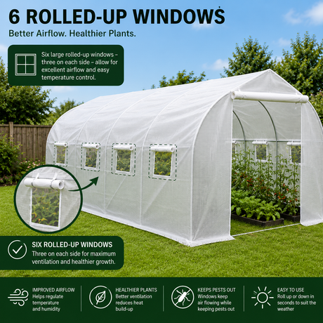 Polytunnel infographic showing 6 rolled-up ventilation windows, three on each side, for improved airflow, temperature control and pest prevention with close-up of roll mechanism