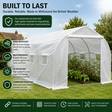 Polytunnel infographic highlighting wind resistant frame, weatherproof PE cover, UV resistance and corrosion resistant galvanised steel, built to withstand British weather