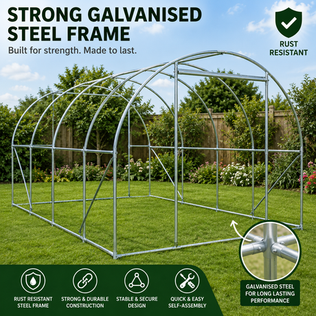 Rust-resistant galvanised steel frame of a walk-in polytunnel shown assembled in a UK garden, with close-up of connector joints highlighting durable construction