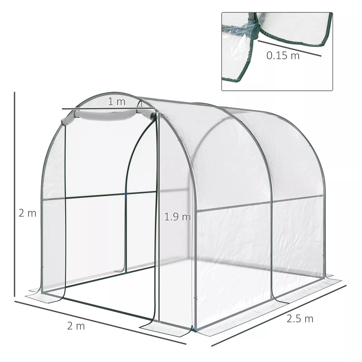 Walk In Polytunnel Greenhouse w/ Roll Up Door PVC Cover, 2.5 x 2m