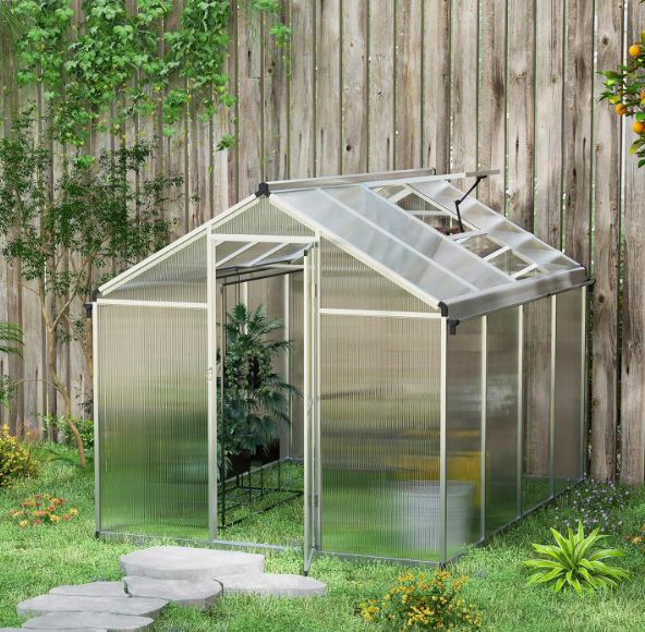 6x8ft Polycarbonate Greenhouse with Rain Gutters, Large Walk-In Greenhouse with Door and Window
